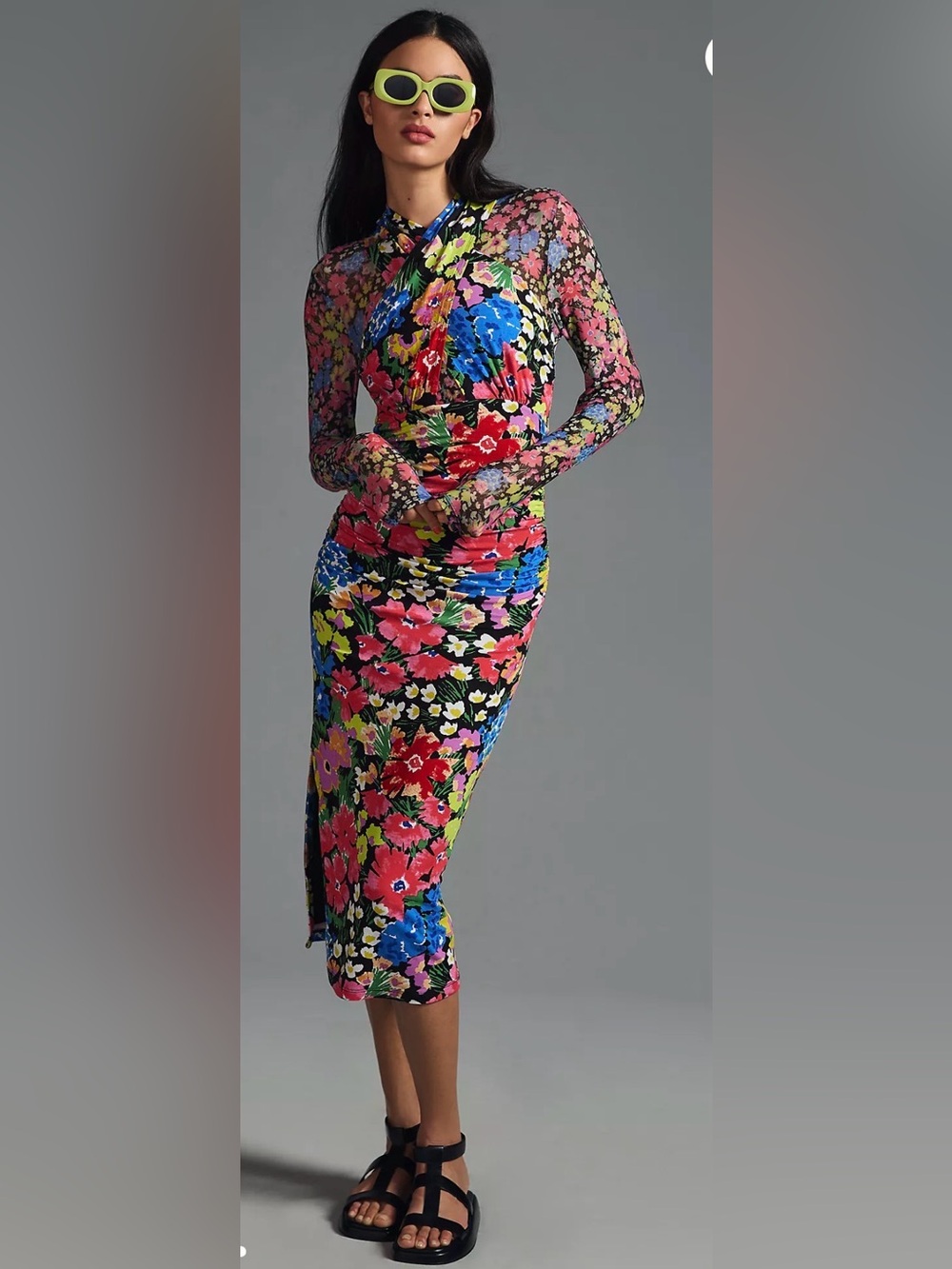 Anthropologie Mesh Halter Mock-Neck Dress vibrant Floral Ruched Long-Sleeve XXSP
